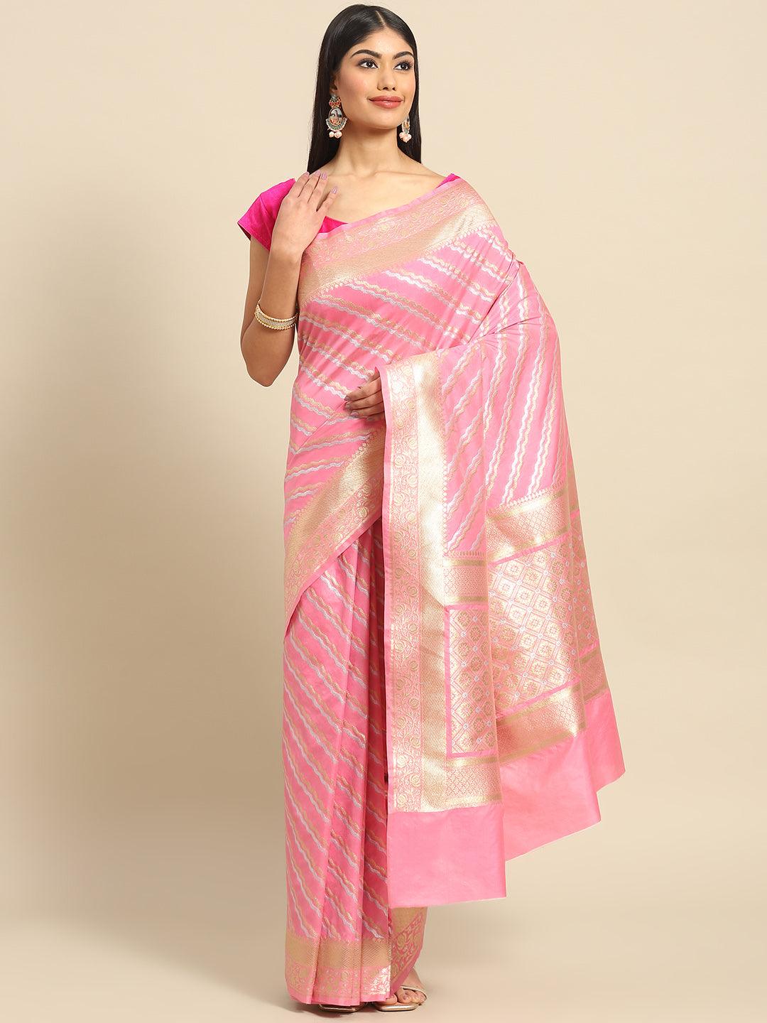 Women's Pink Leheriya Zari Art Silk Banarasi Saree - Varanasi - Indiakreations