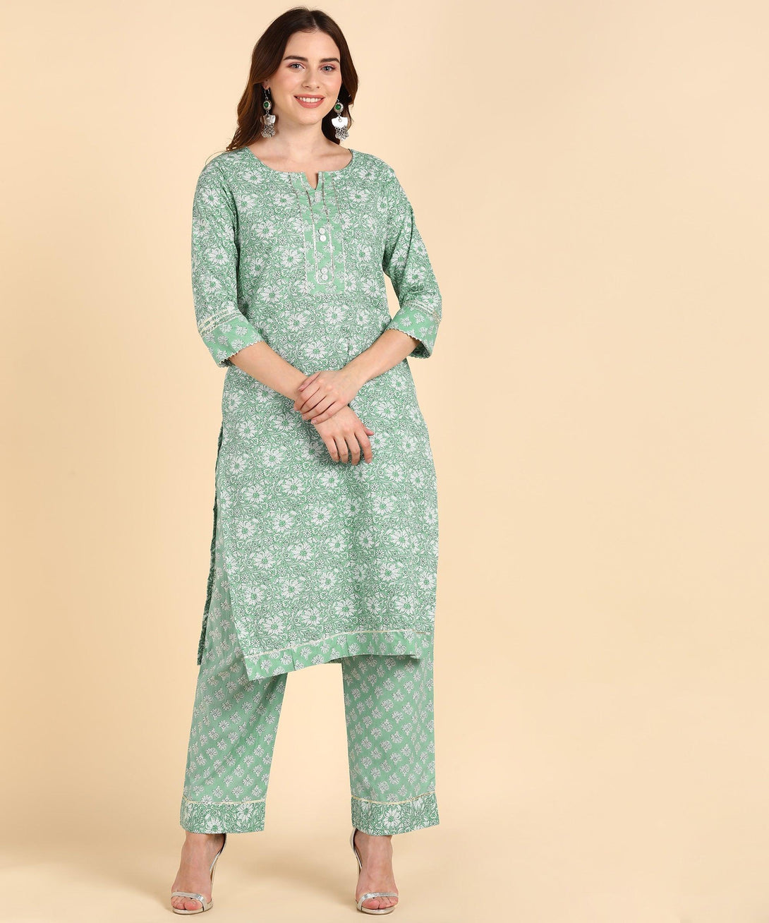 Women's Cotton Sea Green Printed Kurta With Pant - Noz2Toz - Indiakreations