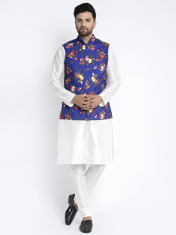 Men's Silk Blend White Kurta With Pyjama & Royal Blue Printed Nehru Jacket - Benstoke - Indiakreations