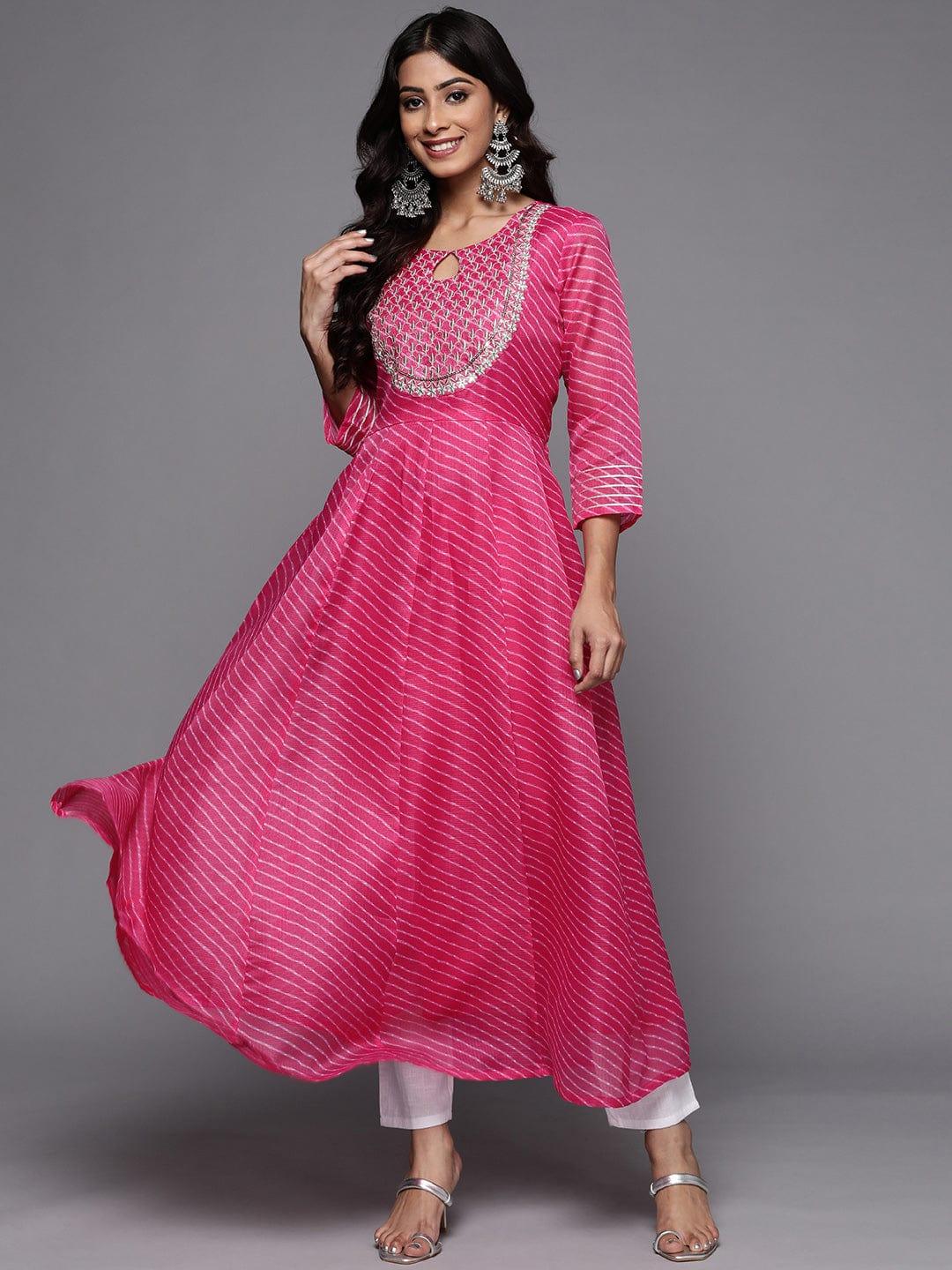 Varanga Women Pink & Gold-Toned Ethnic Motifs Embroidered Indie Prints Anarkali Kurta - Indiakreations