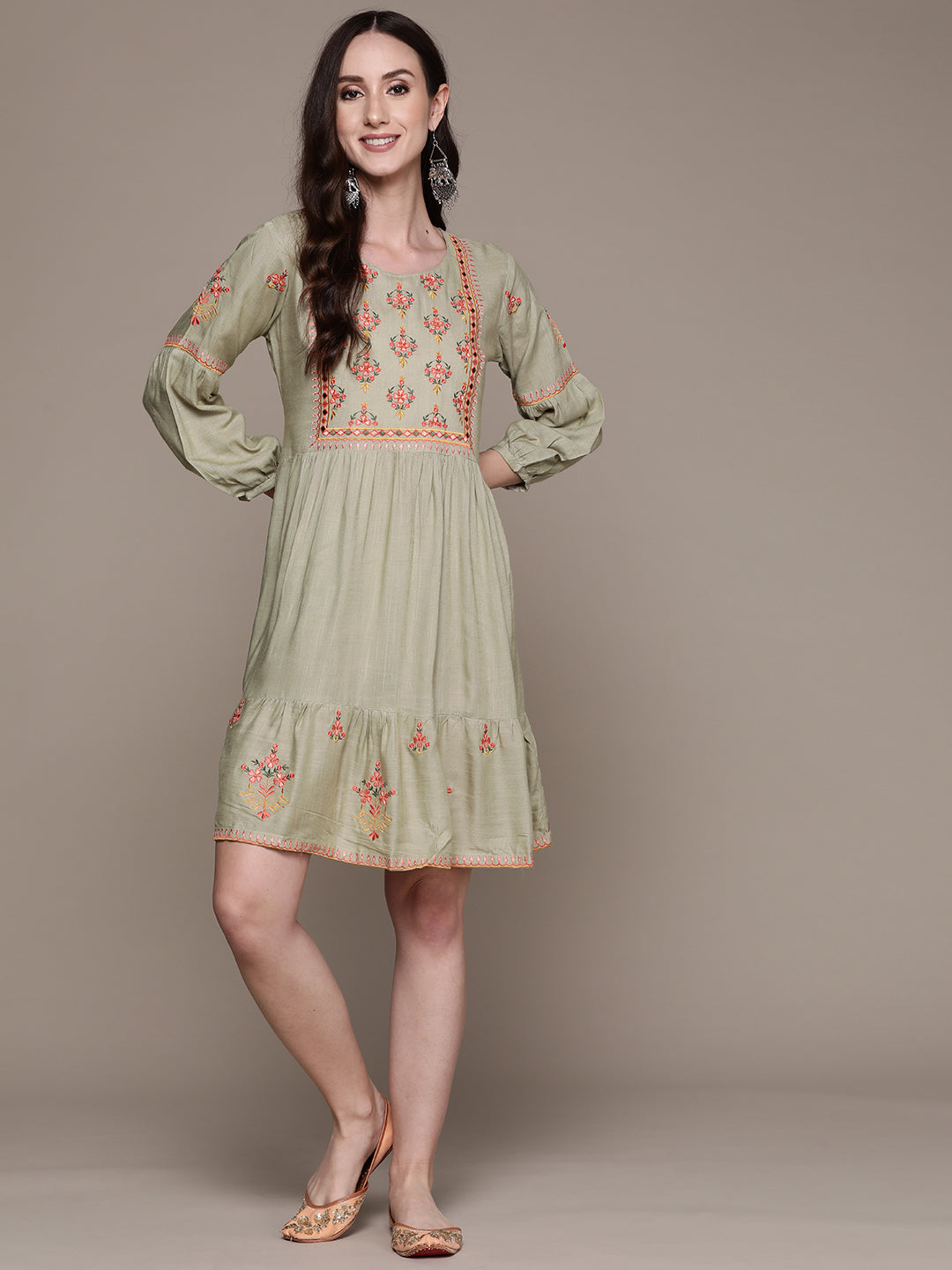 Women's Pastel Green Floral Embroidered Flared Dress - Anubhutee