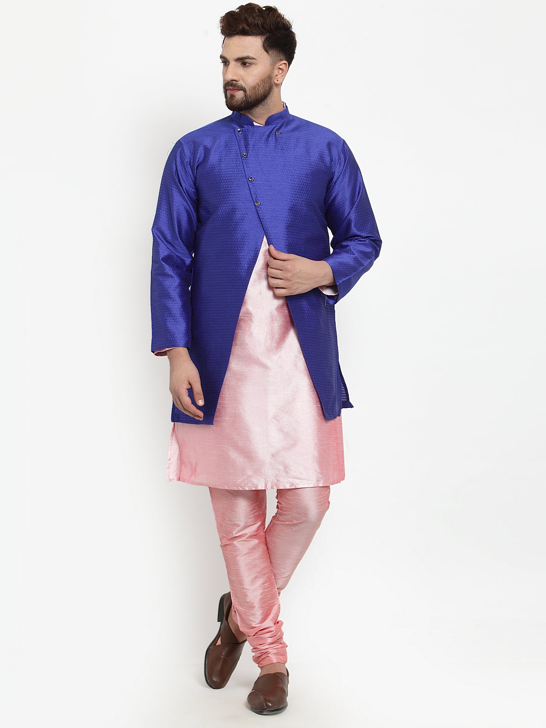 Men's Grey Kurta With Pyjama & Wine Self Design Jacket - Benstoke