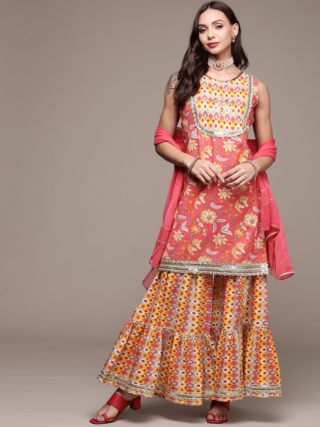 Women's Coral Gota Patti Sequinned Printed Kurta Set With Sharara And Dupatta - Anubhutee