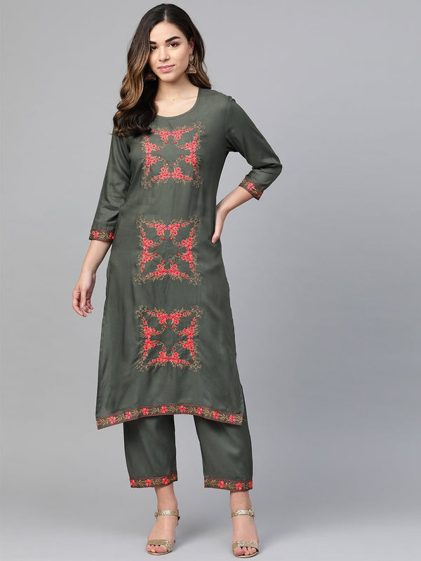 Women's Embroidered Kurta with Trousers (Set of 2) - Anubhutee