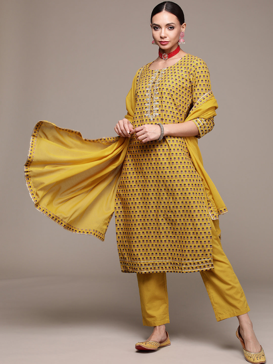 Women's Mustard Zari Embroidered Printed Kurta Set With Trousers And Dupatta - Anubhutee