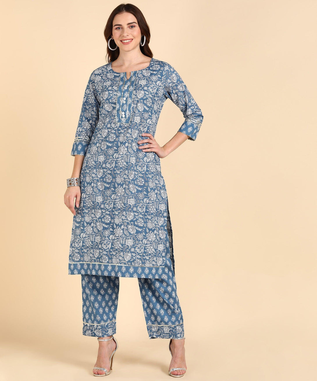 Women's Cotton Blue Printed Kurta With Pant - Noz2Toz - Indiakreations