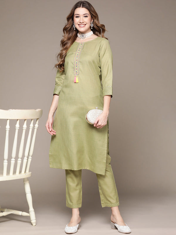 Women's Sage Green Embroidered Kurta Set with Trousers - Anubhutee