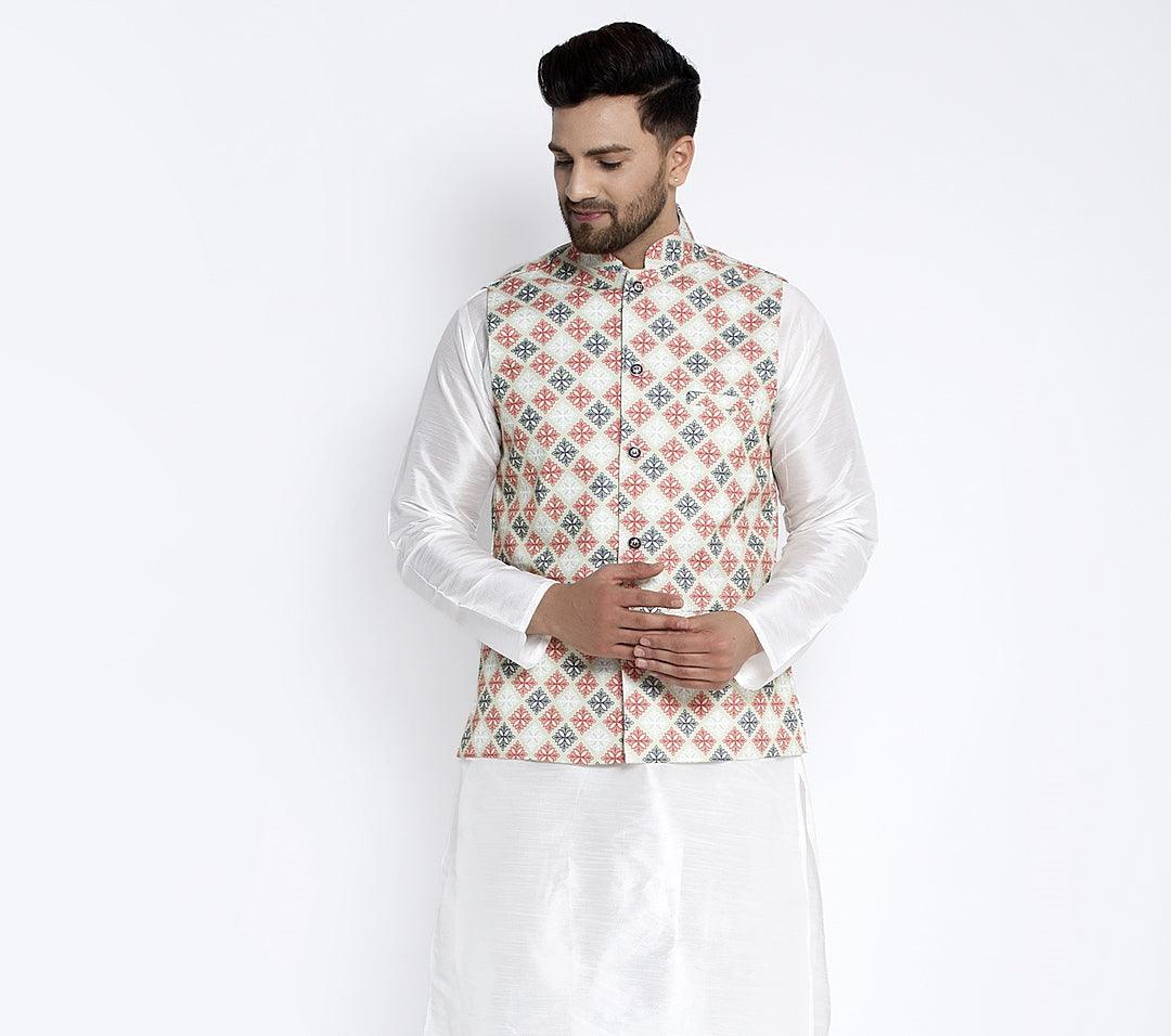 Men's Lime Green & Red Printed Nehru Jacket - Benstoke - Indiakreations