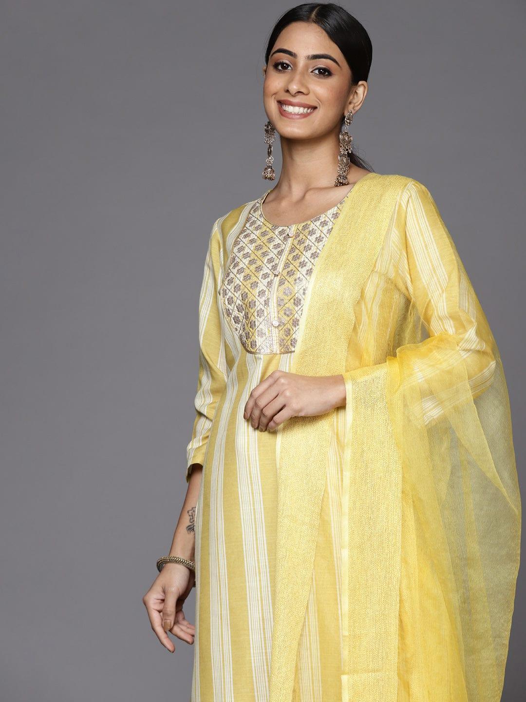 Varanga Women Yellow Striped Sequinned Kurta with Trousers & With Dupatta - Indiakreations