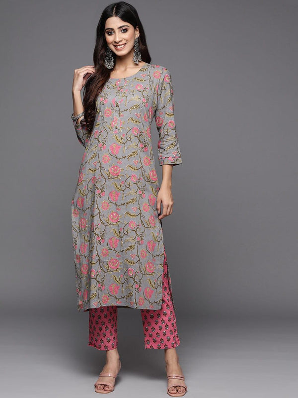 Varanga Women Grey Ethnic Motifs Printed Thread Work Pure Cotton Kurta with Trousers - Indiakreations