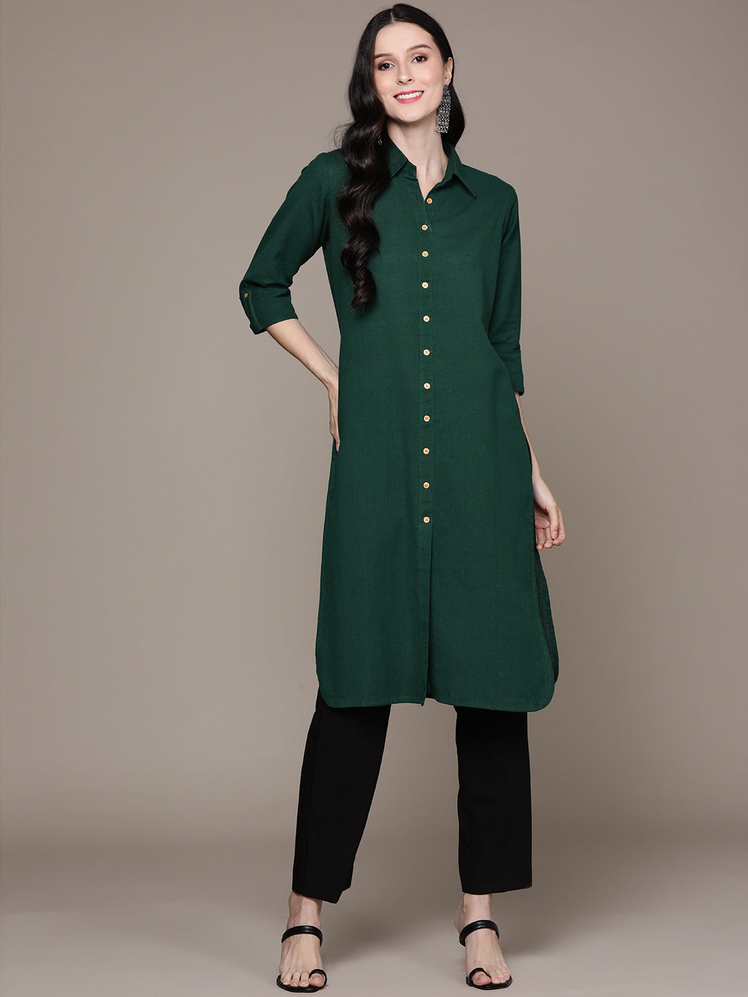 Women's Bottle Green Solid Button Down Kurta - Anubhutee