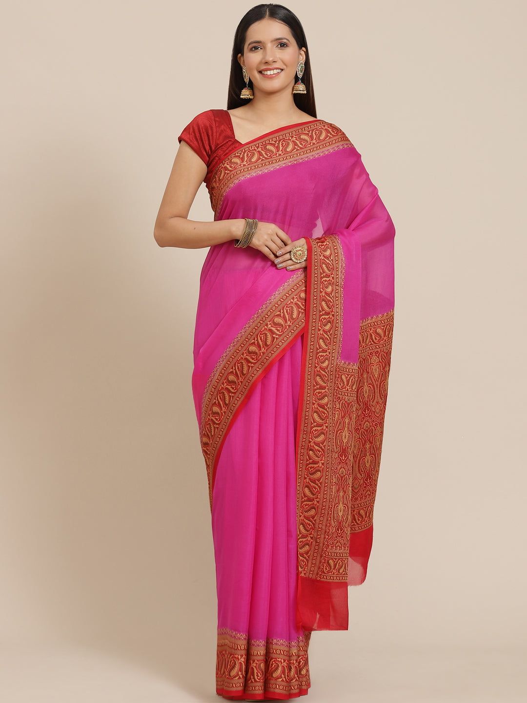 Women's Pure Chiffon Silk Aachal Border Saree - Varanasi - Indiakreations