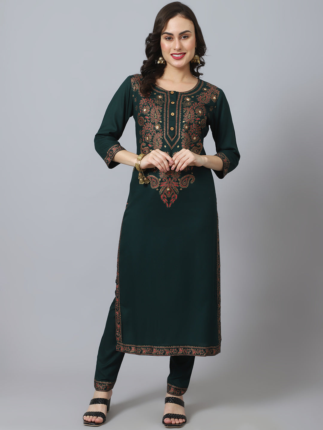 Women's Bottle Green Chinkankari Kurta Set - Noz2Toz