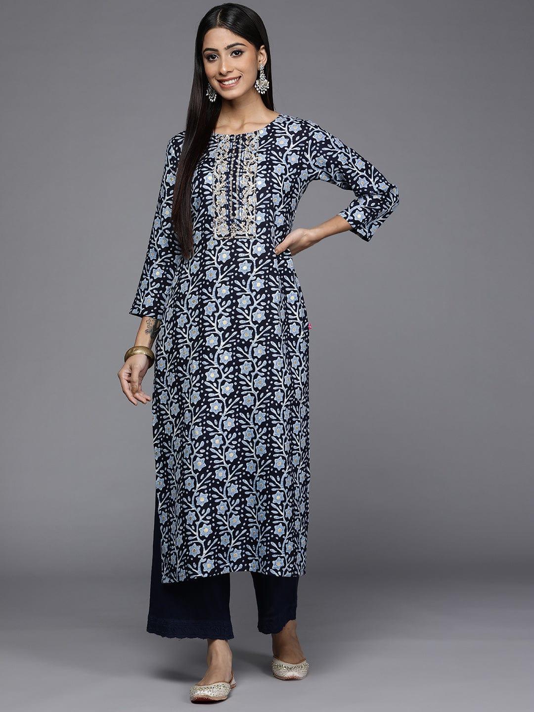 Varanga Women Navy Blue & Blue Floral Printed Zardozi Indigo Kurta - Indiakreations