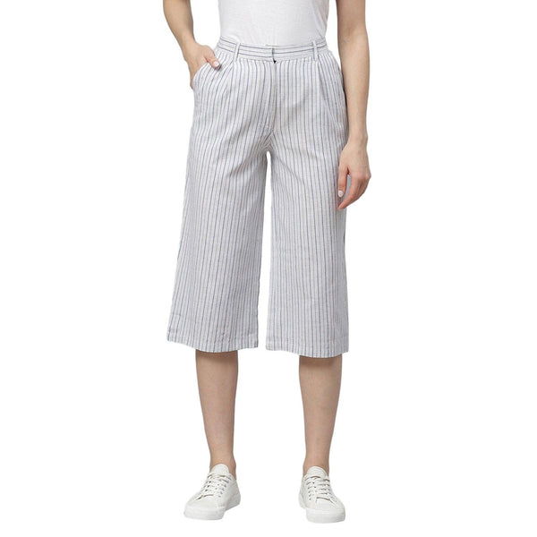 Women White Striped Cotton Culottes Trousers by Myshka (1 Pc Set) - Indiakreations