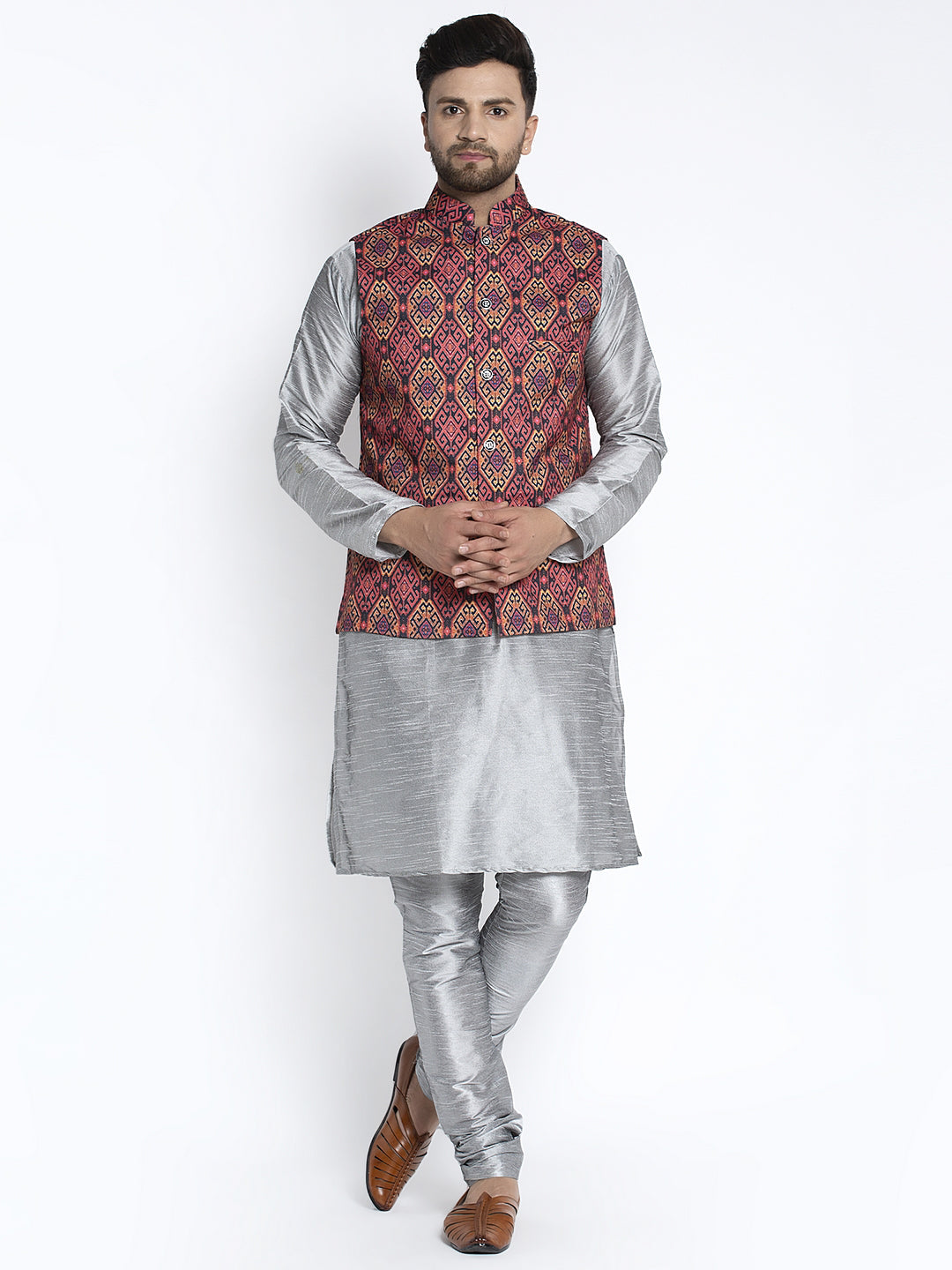 Men's Silk Blend Grey Kurta With Pyjama & Rust Printed Nehru Jacket - Benstoke