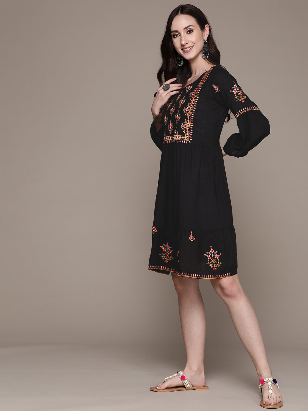 Women's Black Floral Embroidered Flared Dress - Anubhutee