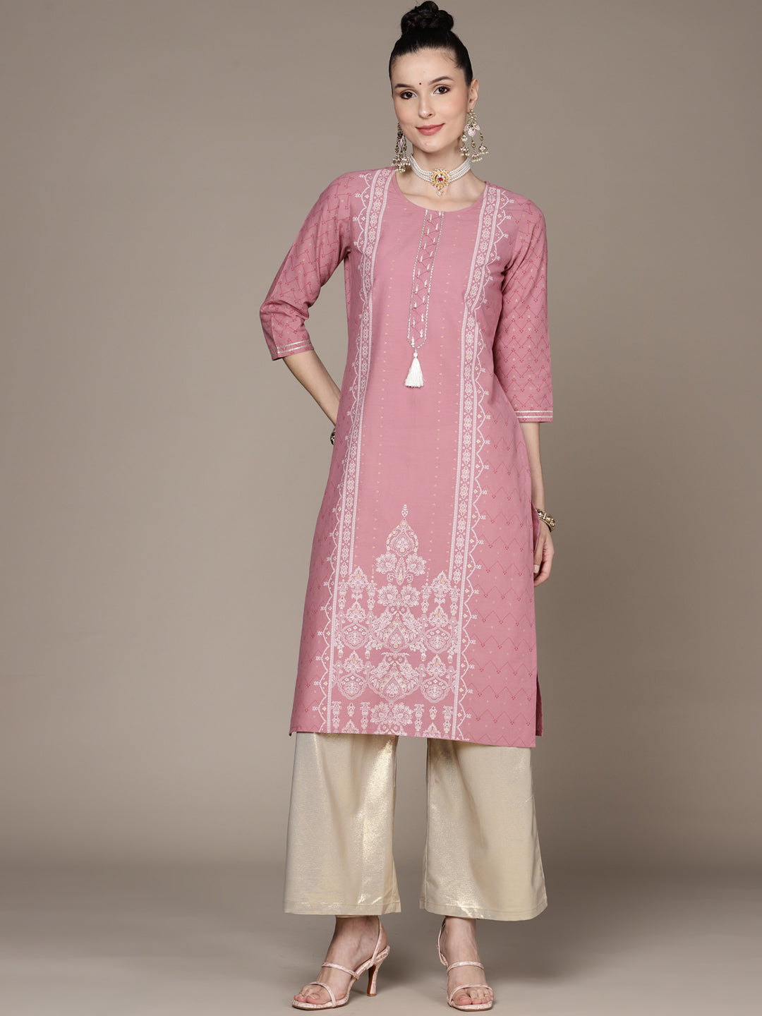 Women's Mauve Printed Threadwork Kurta  - Anubhutee