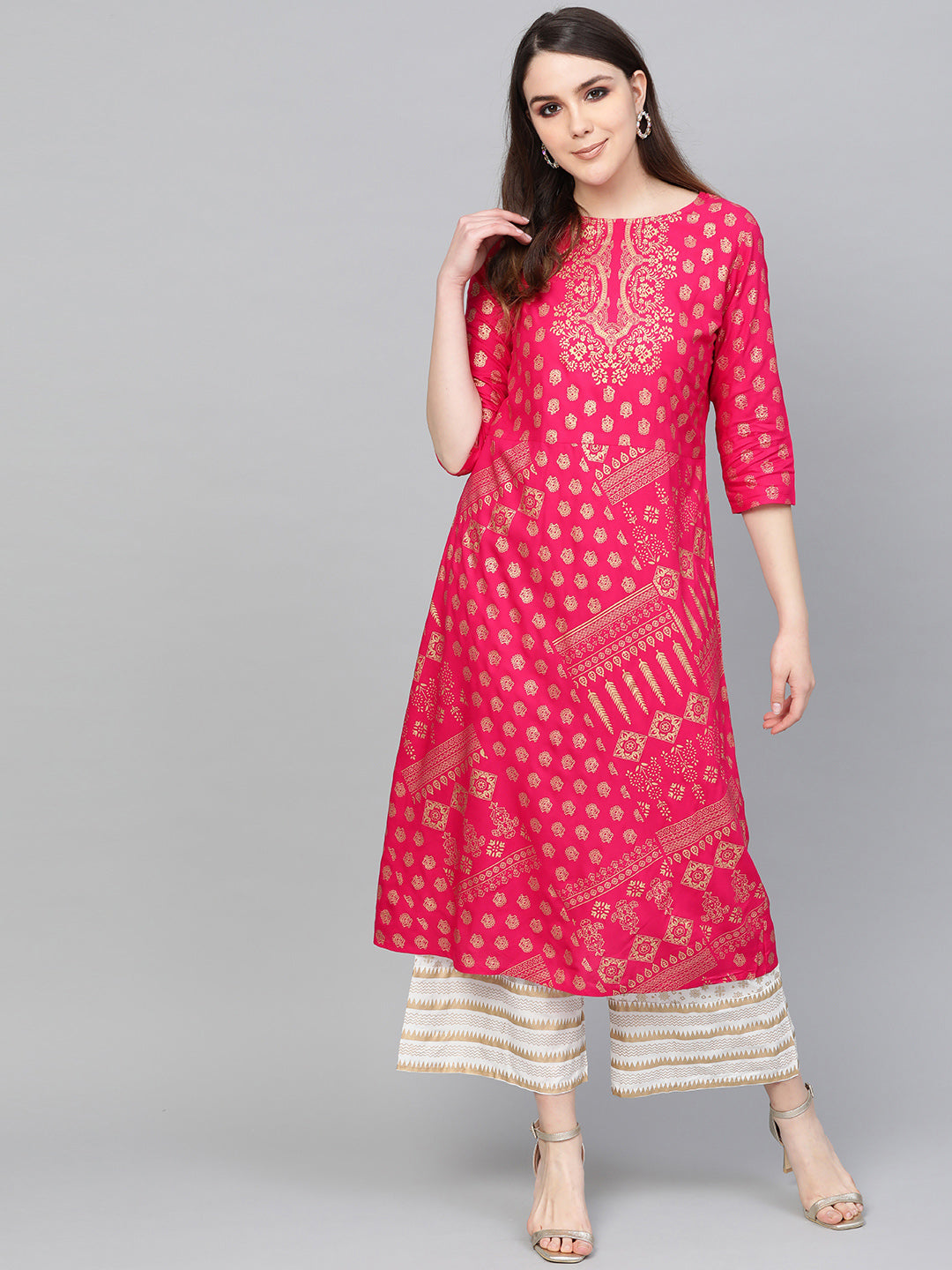 Women's Fuchsia Foil Print A-Line Viscose Kurta With Palazzos - Anubhutee