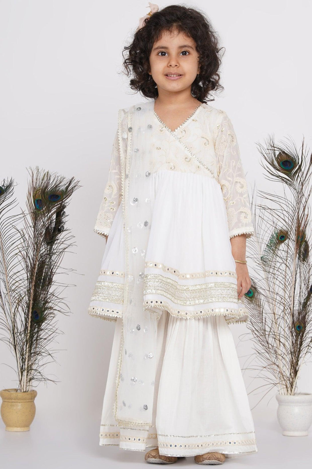 Girl's Cotton Floral Embroidery And Lacework Angrakha Kurta With Sharara And Dupatta - White - Little Bansi Girls - Indiakreations