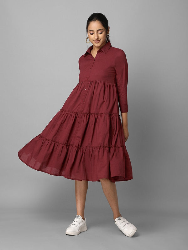 Women's Solid Wine Tiered A-Line Dress - Azira