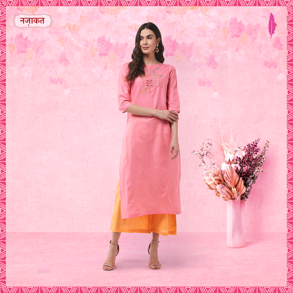 Women's Pink Embroidered Quarter Sleeves Kurta With Pants - Pannkh