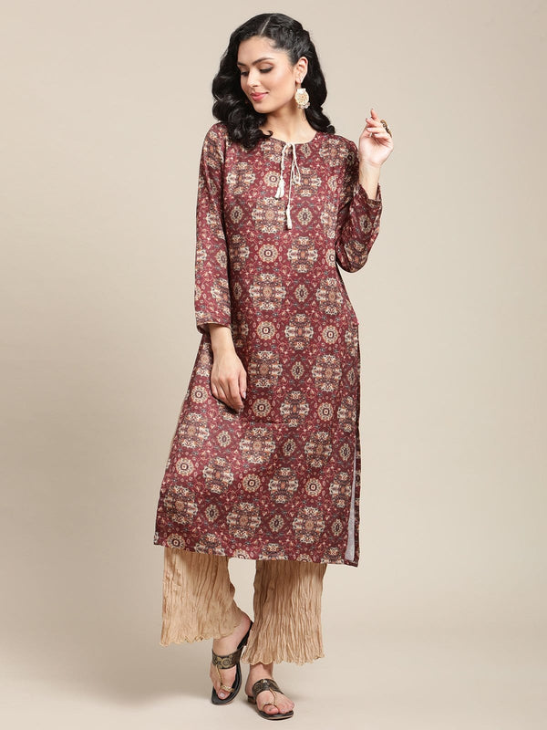 Women's Brown And Cream Floral Printed Round Neckline Straight  Kurta With Full Sleeve And Side Slit - Varanga