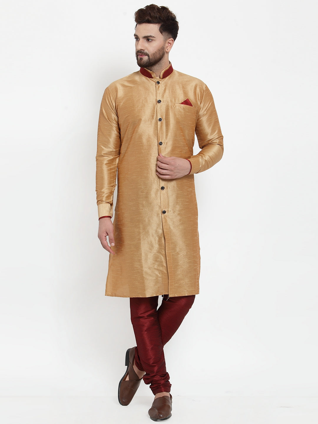 Men's Copper Solid Kurta With Maroon Churidaar Pyjama Set - Benstoke