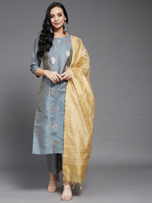 Women's Grey And Gold Solid Side Slit Straight Kurta Palazzo And Dupatta Set - Azira