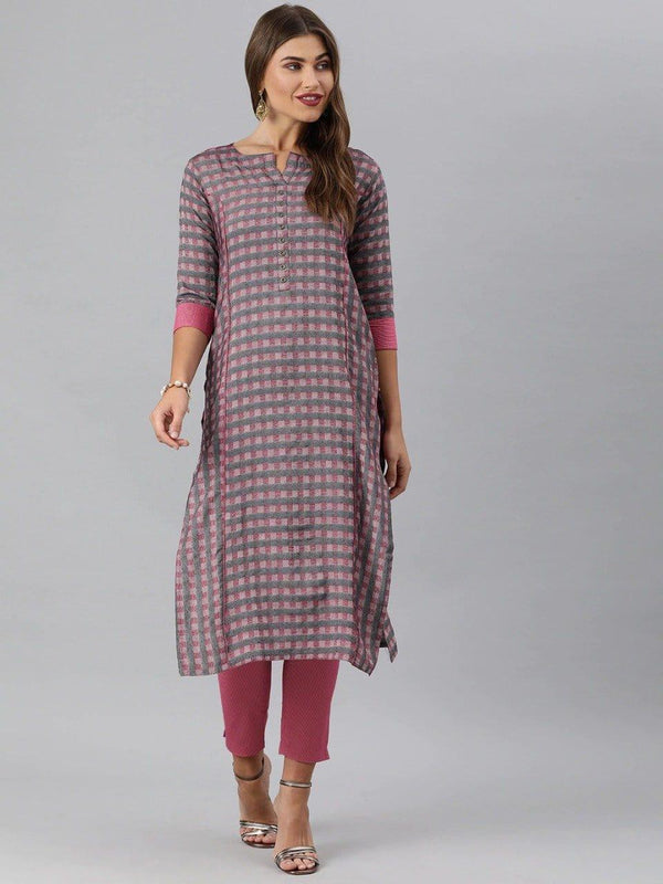 KSUT Women Grey & Pink Checked Kurta with Trousers - Indiakreations