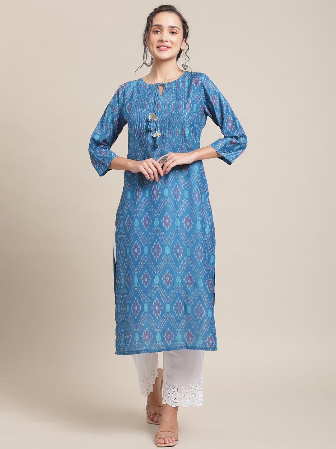 Blue Ikat Printed Round Neck Kurta With Pleated Yoke And 3/4Th Sleeves - Indiakreations