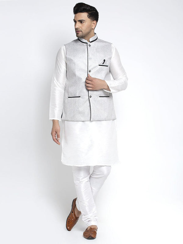 Men's Silk Blend White Kurta With Pyjama & Grey Nehru Jacket - Benstoke - Indiakreations