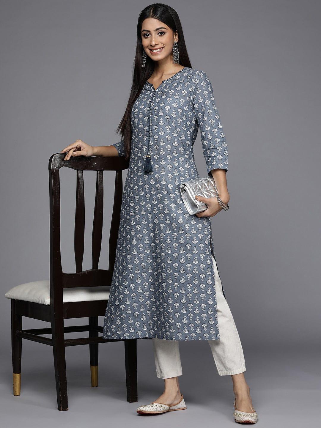 Varanga Women Grey & White Floral Printed Cotton Kurta - Indiakreations