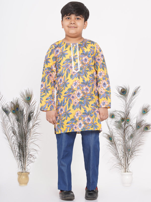 Boy's Floral Kurta with Denim Pants in Yellow - Little Bansi Boys