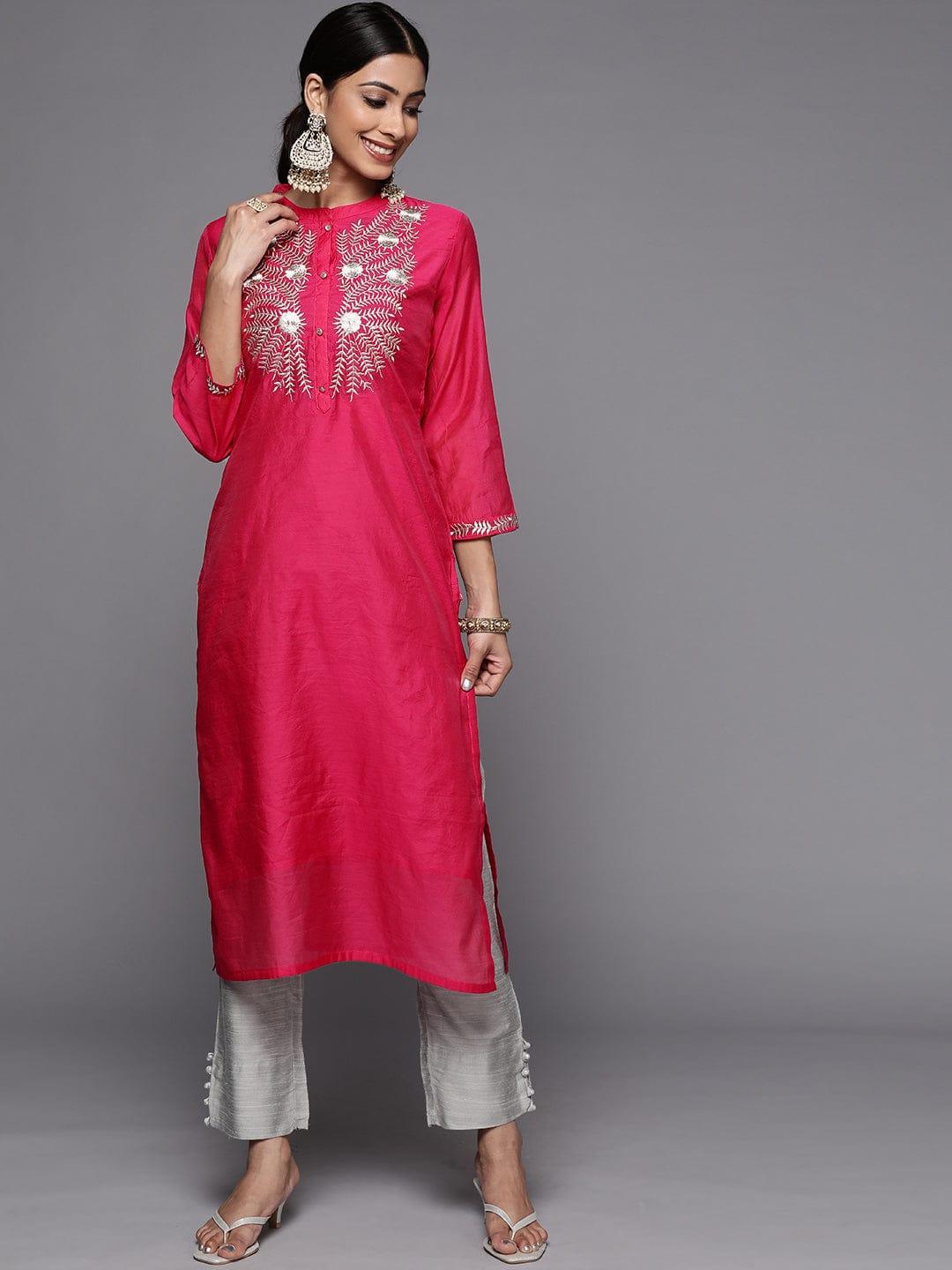 Varanga Women Pink Embroidered Empire Chanderi Silk Kurta with Trousers - Indiakreations