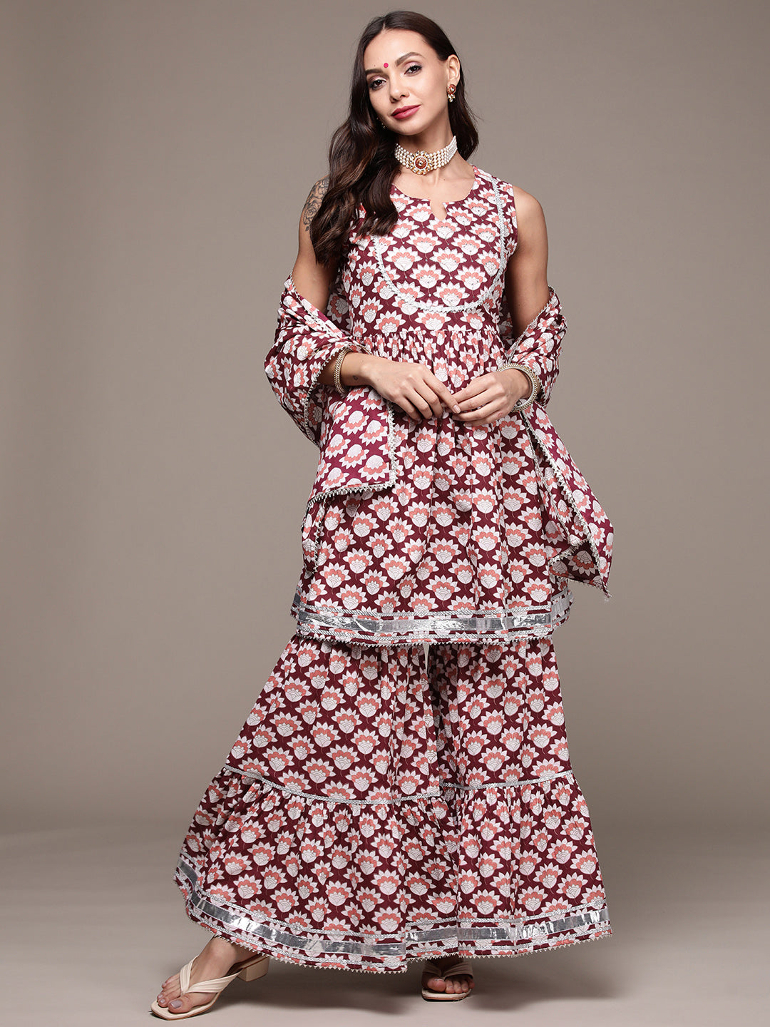 Women's Wine Gota Patti Handwork Printed Kurta Set With Sharara And Dupatta - Anubhutee