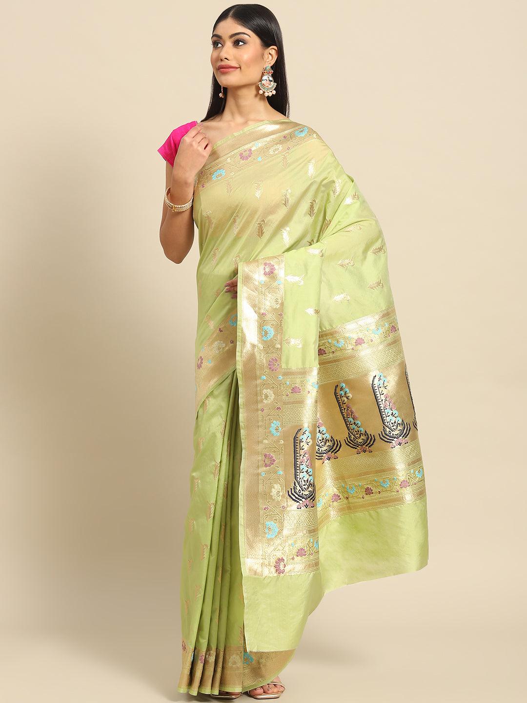 Women's Green Floral Zari Art Silk Banarasi Saree - Varanasi - Indiakreations