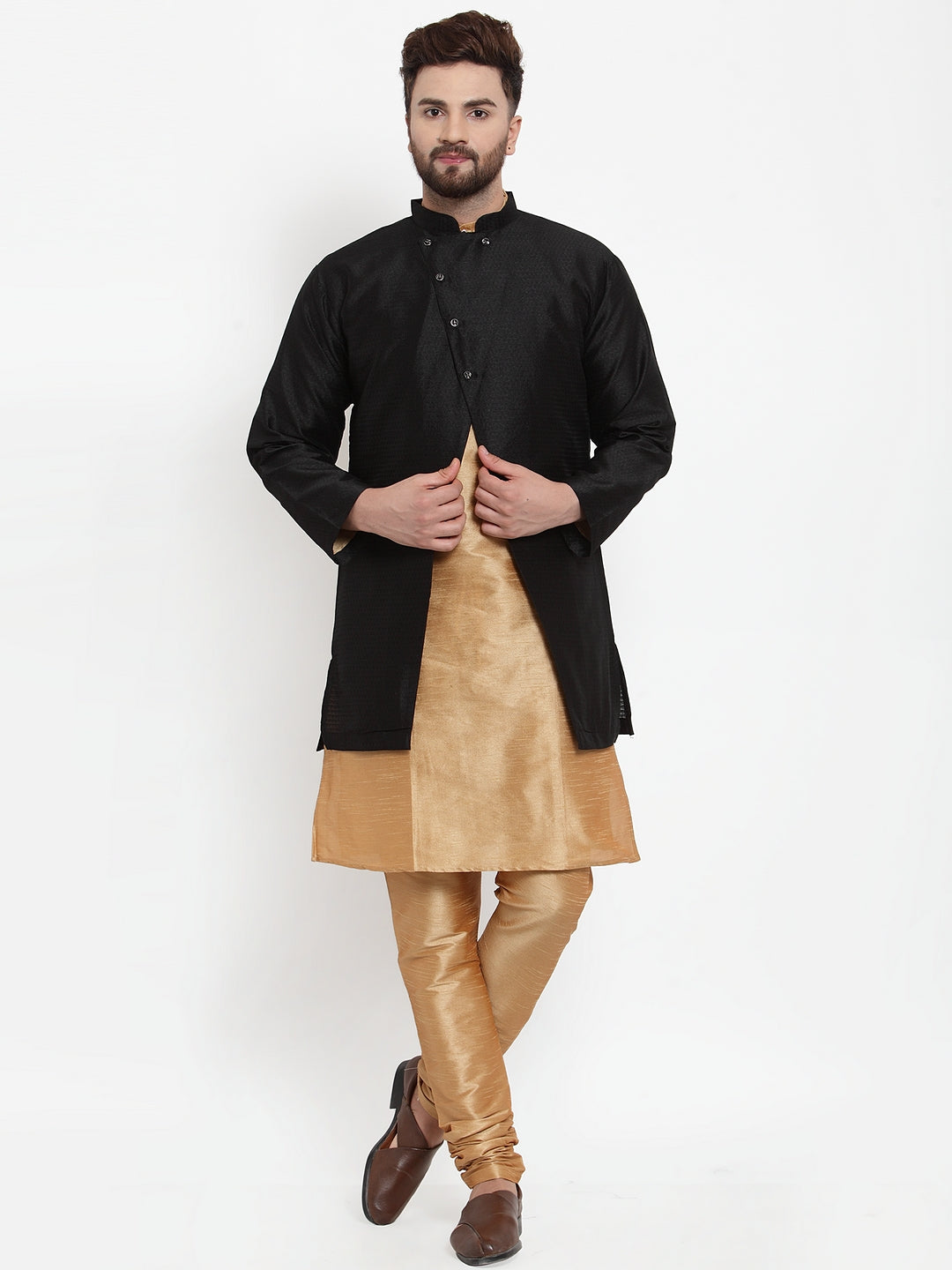 Men's Copper Kurta With Pyjama & Black Self Design Jacket - Benstoke