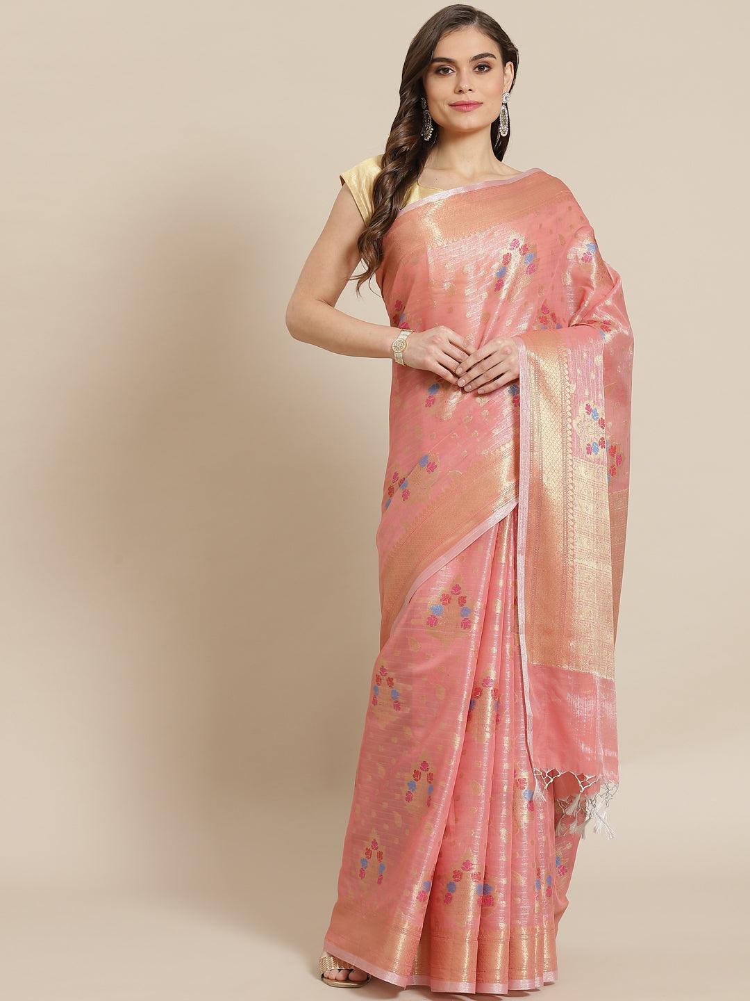 Women's Pink Tissue Silk Saree - Varanasi - Indiakreations