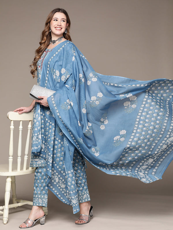 Women's Blue Handwork Floral Print Kurta Set with Trousers and Dupatta - Anubhutee