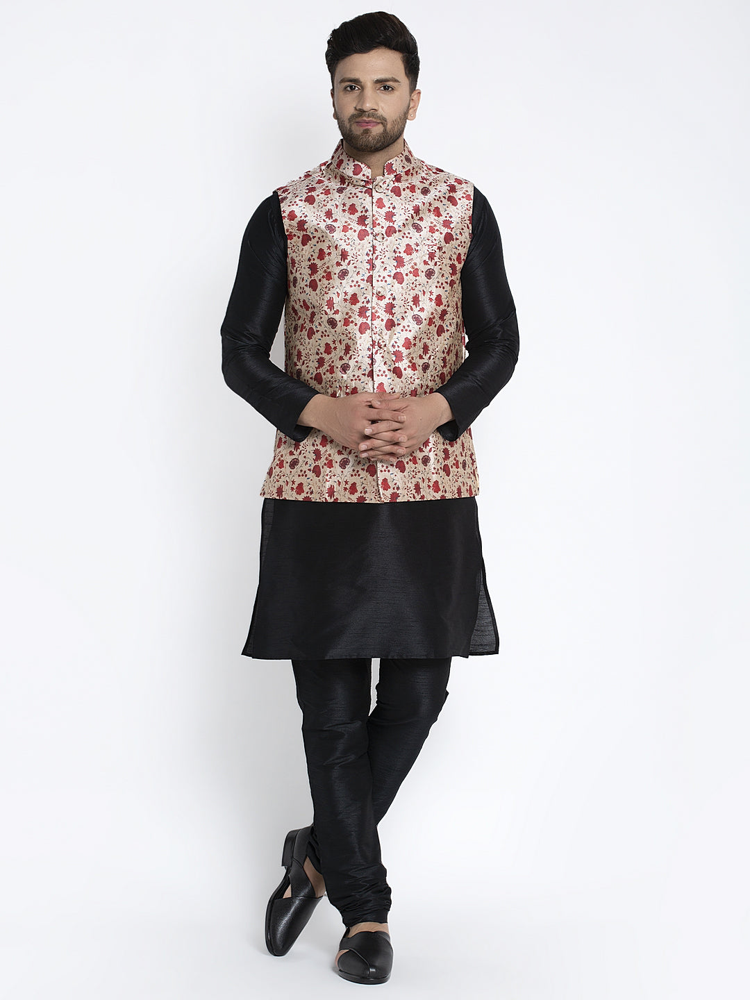 Men's Silk Blend Black Kurta With Pyjama & Beige Printed Nehru Jacket - Benstoke