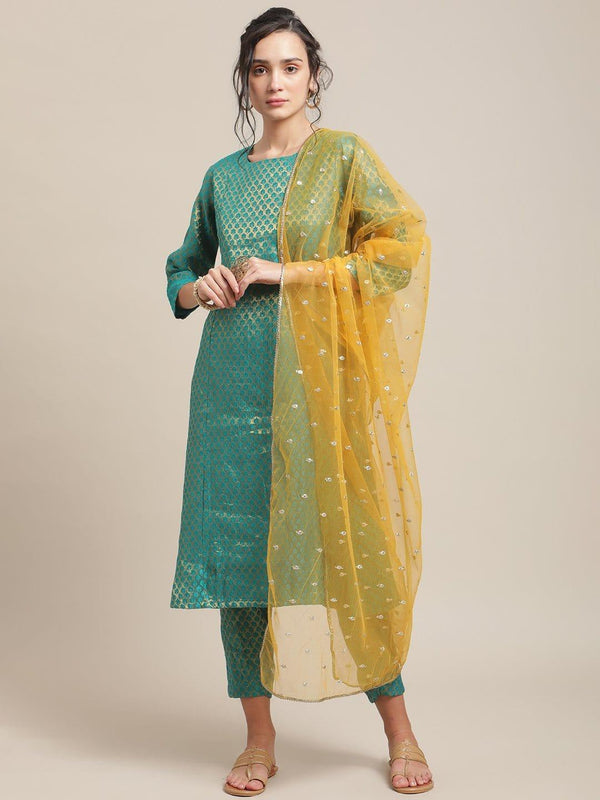 Teal Brocade Round Neck A-Line Kurta Paired With Brocade Trouser And Yellow Net Sequined Dupatta - Indiakreations