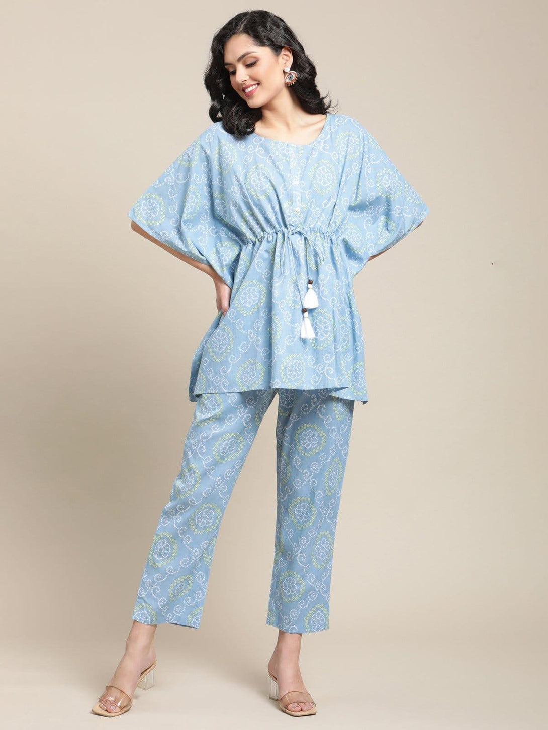 Powder Blue Bandhej Printed Kaftan Trouser Set - Indiakreations