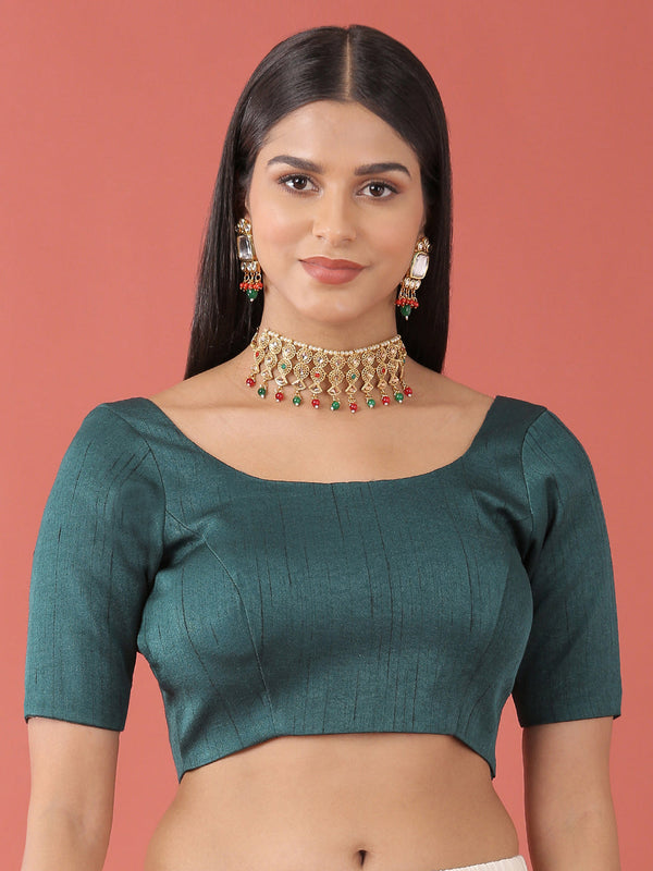 Women's Royal Green-Toned Pure Silk Plain Readymade Blouse - Panchhi