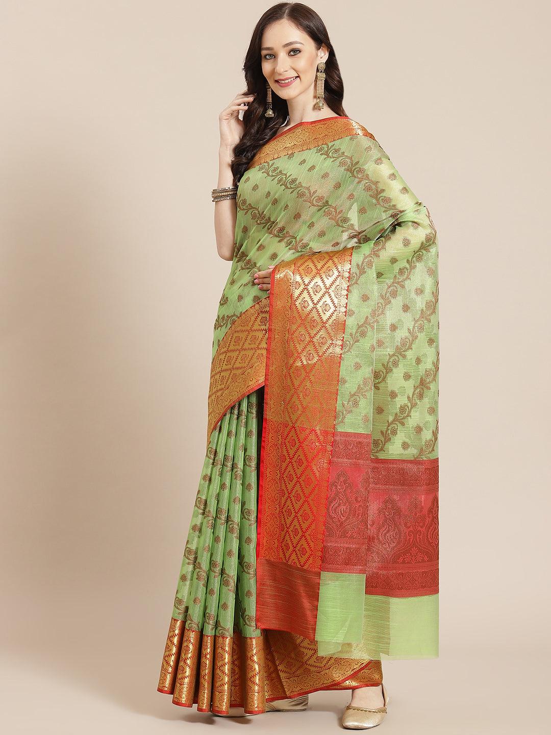 Women's Green Cotton Silk Saree - Varanasi - Indiakreations