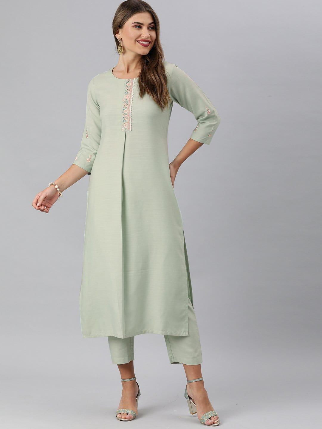 KSUT Sea Green Floral Embroidery Kurta With Palazzo - Indiakreations