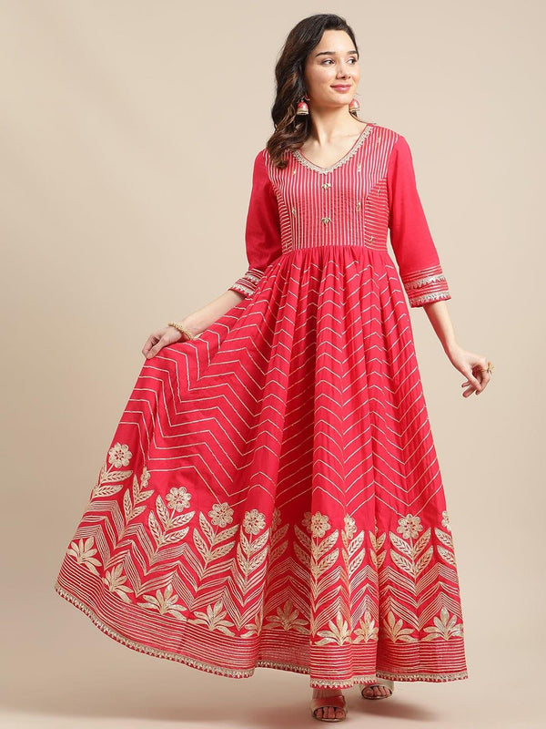 Red And Gold Heavy Floral Gota Work Embellished Anarkali Kurta - Indiakreations