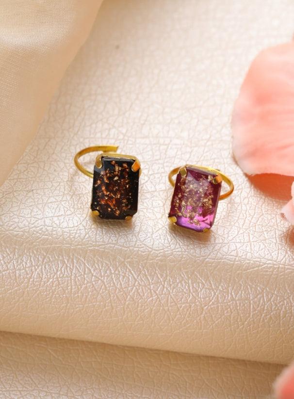 Women's Set Of 2 Handcrafted Stone Studed,Black & Purple Finger Ring - Jazz And Sizzle - Indiakreations