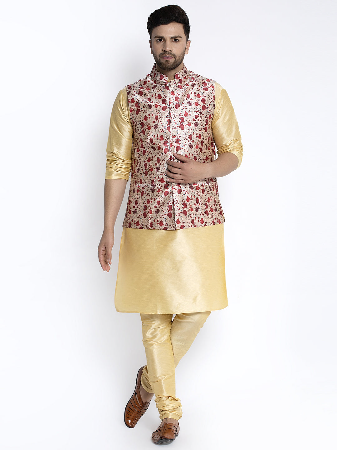 Men's Silk Blend Gold Kurta With Pyjama & Beige Printed Nehru Jacket - Benstoke