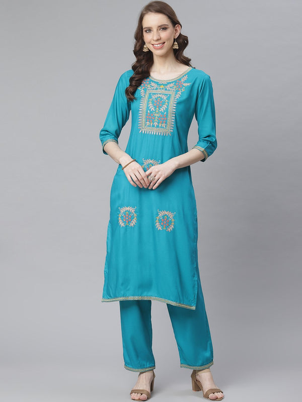 Women Blue Embroidered Kurta with Palazzo Set by Anubhutee (Set of 2)